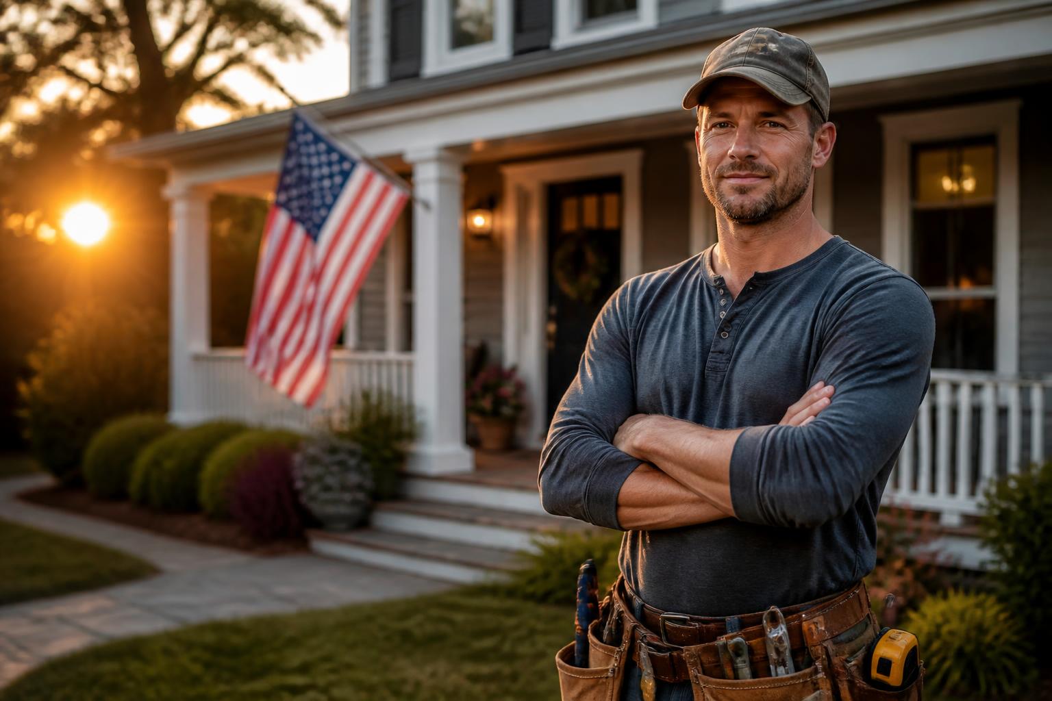 Trusted local handyman in front of a Massachusetts home at golden hour with an American flag